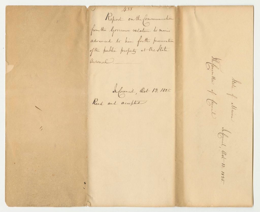 Miniature of Report 488: Report on the Communication from the Governor Relative to Monies Advanced to Him for the Preservation of the Public Property at the State Arsenal
