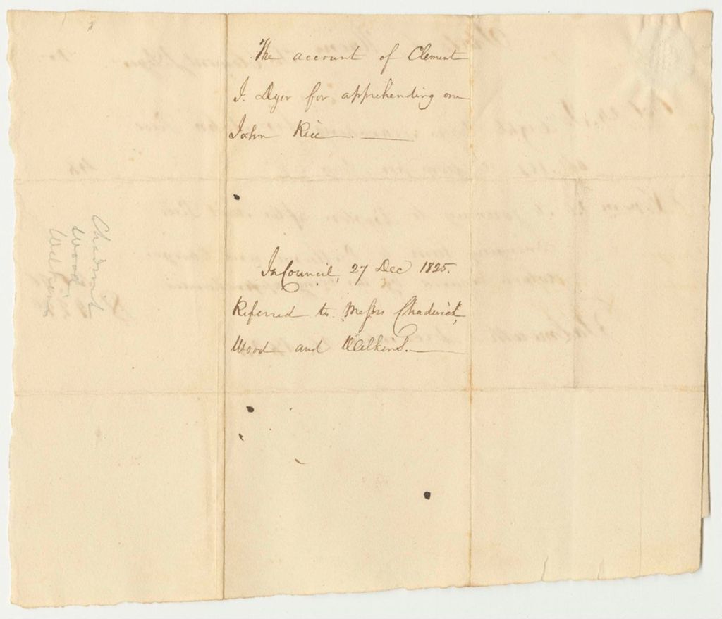 Miniature of Account of Clement J. Dyer for Apprehending One John Rice
