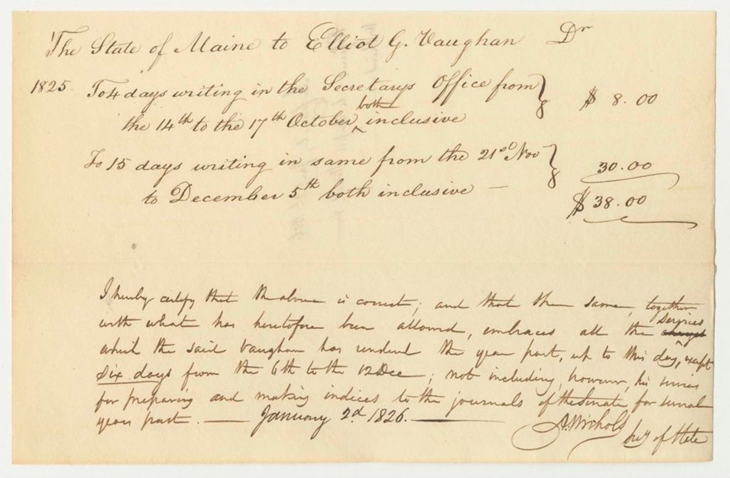 Miniature of Account of Elliot G. Vaughan for Work at the Secretary of State's Office