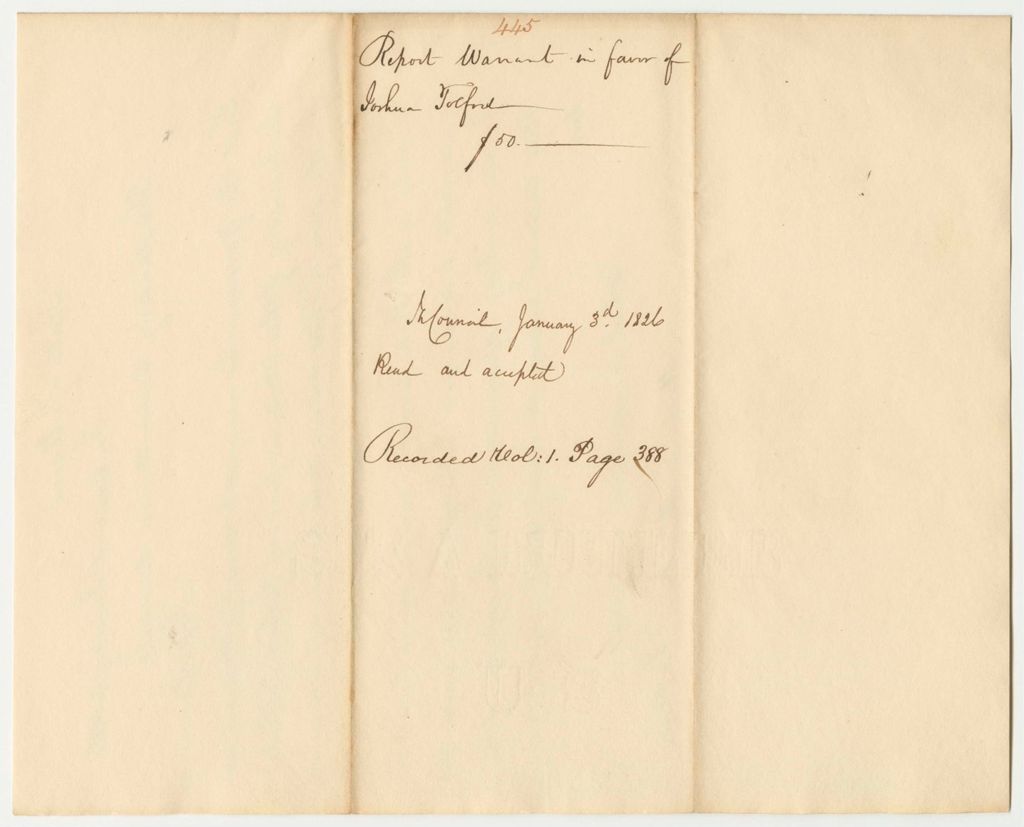 Miniature of Report 445: Report on the Warrant in Favor of James Tolford for Expenses on the State Arsenal