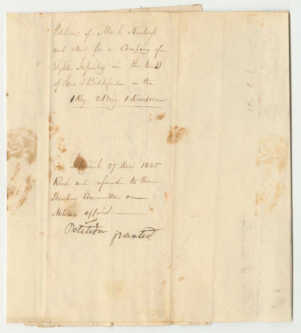 Miniature of Petition of Mark Huntress and Others for a Company of Light Infantry in the Town of Biddeford