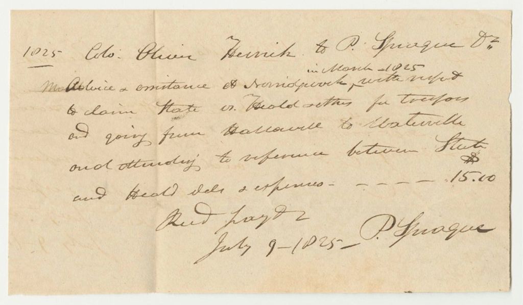Miniature of Receipt from Oliver Herrick to P. Sprague, for Work Relating to Trespass on Public Lands on the Dead River