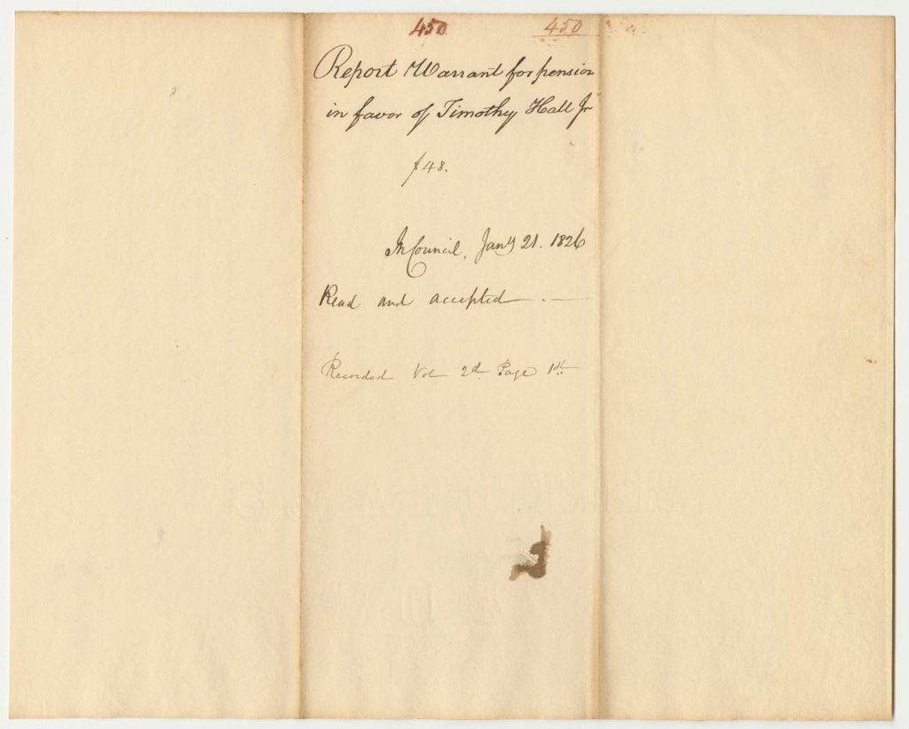 Miniature of Report 450: Report on the Warrant for Pension in Favor of Timothy Hall, Jr.