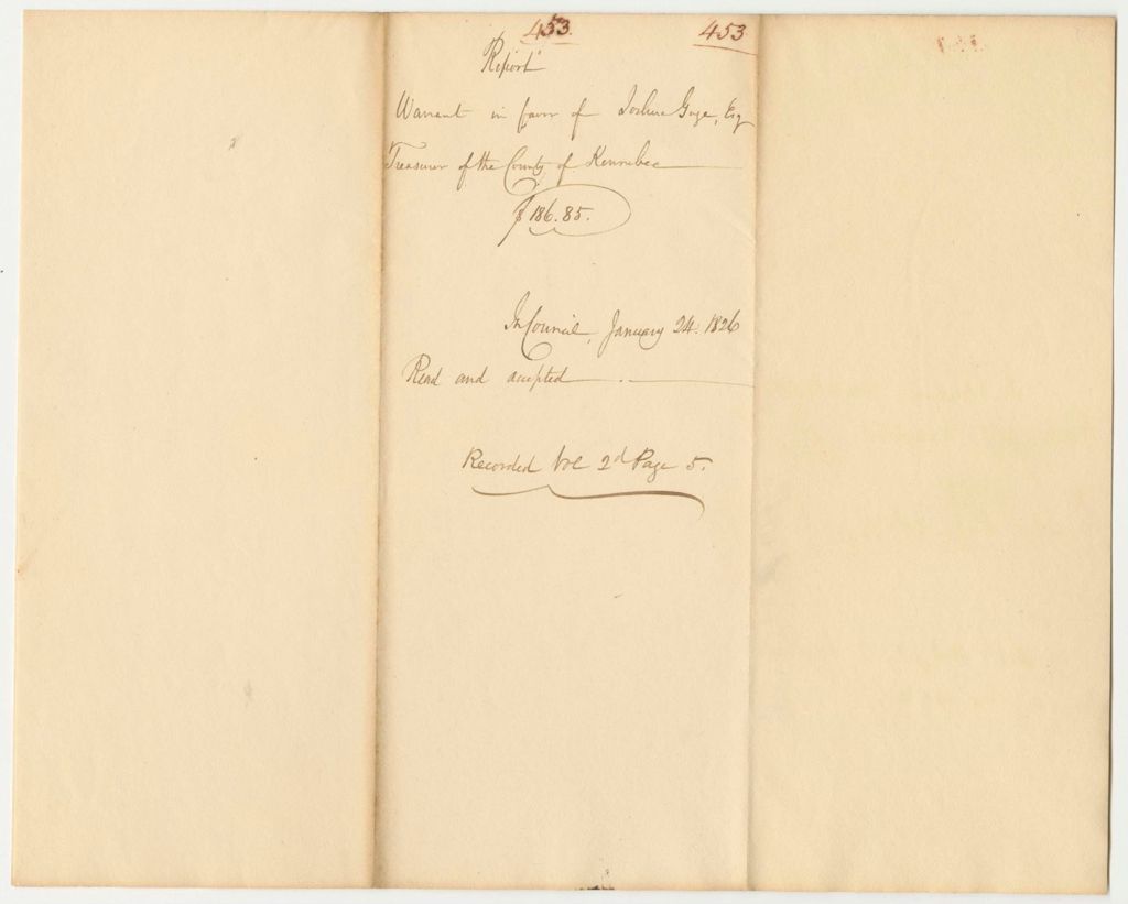 Miniature of Report 453: Report on the Warrant in Favor of Joshua Gage, Esq., Treasurer of Kennebec County