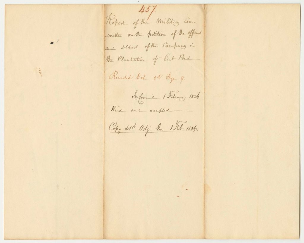 Miniature of Report 457: Report on the Petition of the Officers and Soldiers of the Company in East Pond Plantation