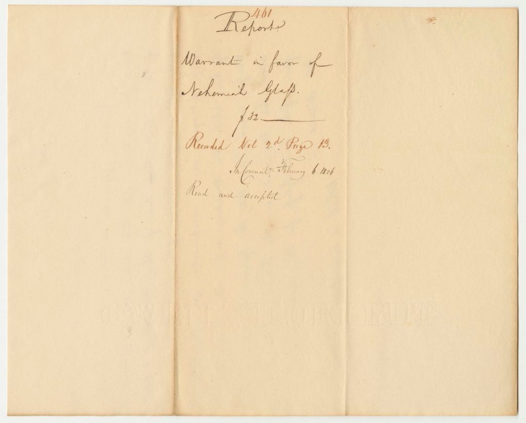 Miniature of Report 461: Report on the Warrant in Favor of Nehemiah Glass for Compensation for an Injury While on Military Duty