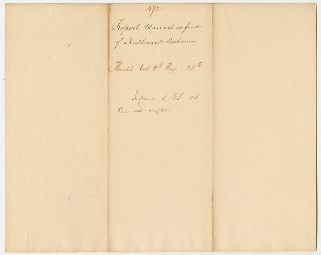 Miniature of Report 472: Report on the Warrant in Favor of Nathaniel Cushman for a Pension