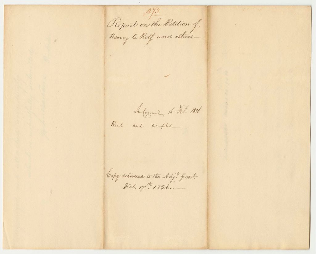 Miniature of Report 473: Report on the Petition of Henry C. Rolf and Others to be Organized into a Company of Cavalry