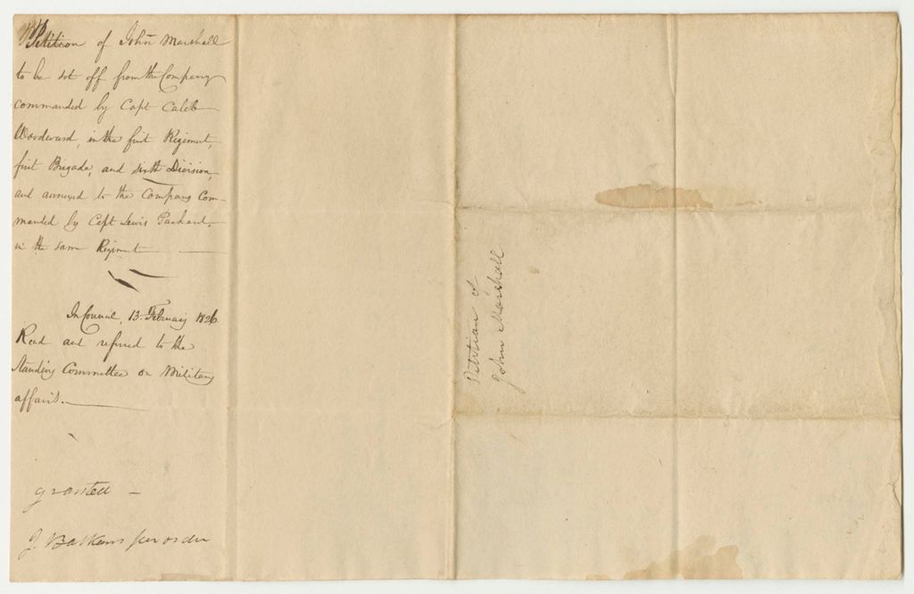 Miniature of Petition of John Marshall to be Set Off from the Company Commanded by Capt. Caleb Woodward, in the 1R.1B.6D., and Annexed to the Company Commanded by Capt. Lewis Packard in the Same Regiment