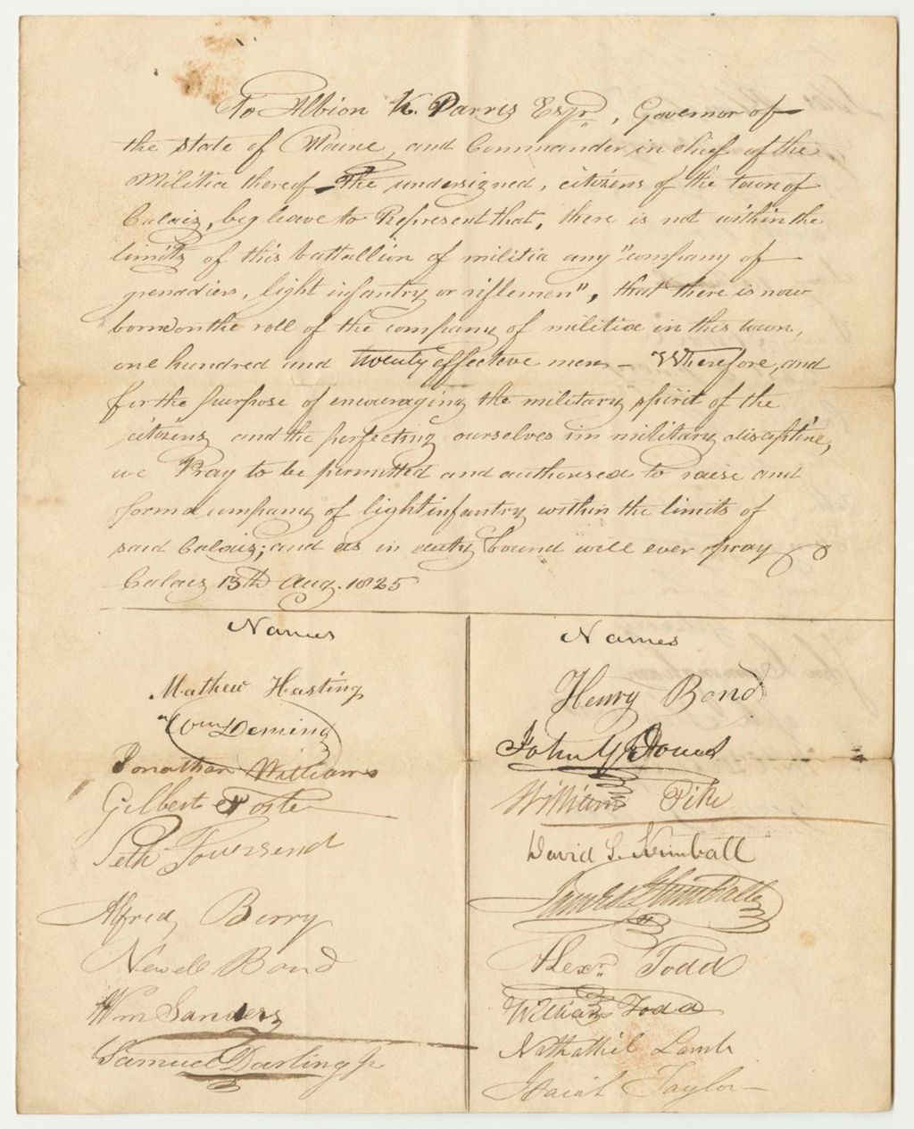 Miniature of Petition of Matthew Hastings and Others, Inhabitants of Calais, to be Organized Into a Company of Light Infantry