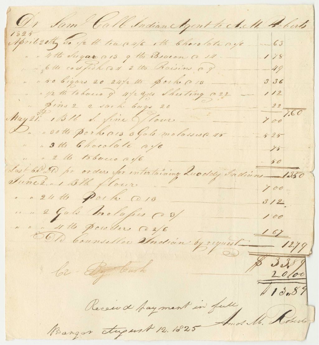 Miniature of Samuel Call's Bill from Amos M. Robert's Bill for Food