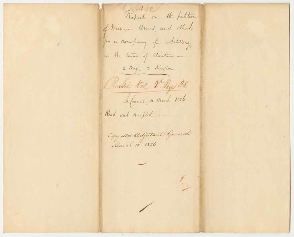 Miniature of Report 492: Report on the Petition of William Ames and Others for a Company of Artillery in the Town of Clinton