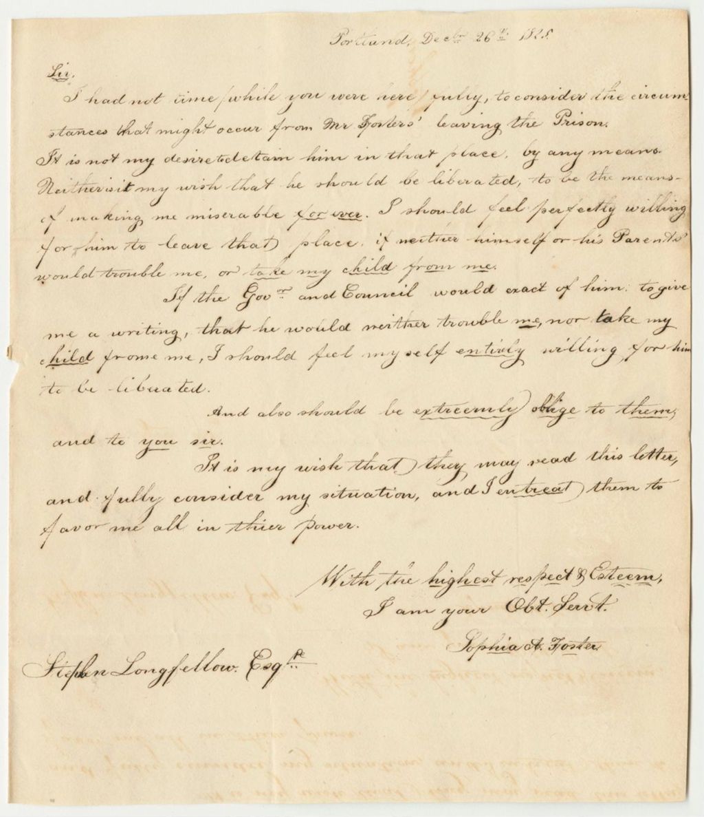Miniature of Letter from Sophia A. Foster Regarding the Petition for the Pardon of John Foster Jr.