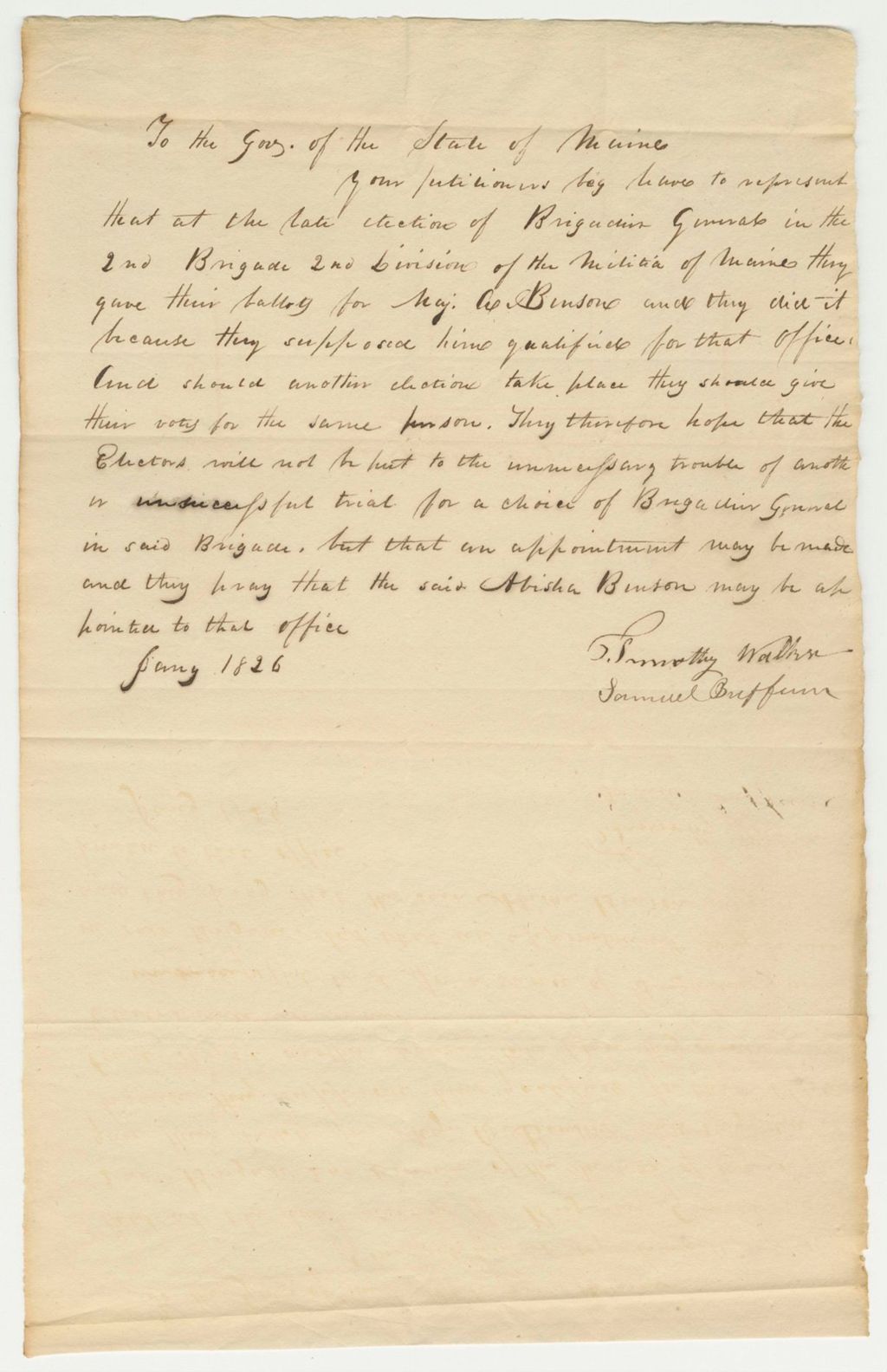 Miniature of Letter from Timothy Walker and Samuel Breffum Regarding the Election of Brigadier General in the Second Brigade Second Division