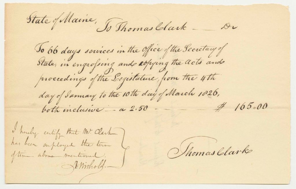 Miniature of Thomas Clark Bill for Services as a Clerk in the Office of the Secretary of State
