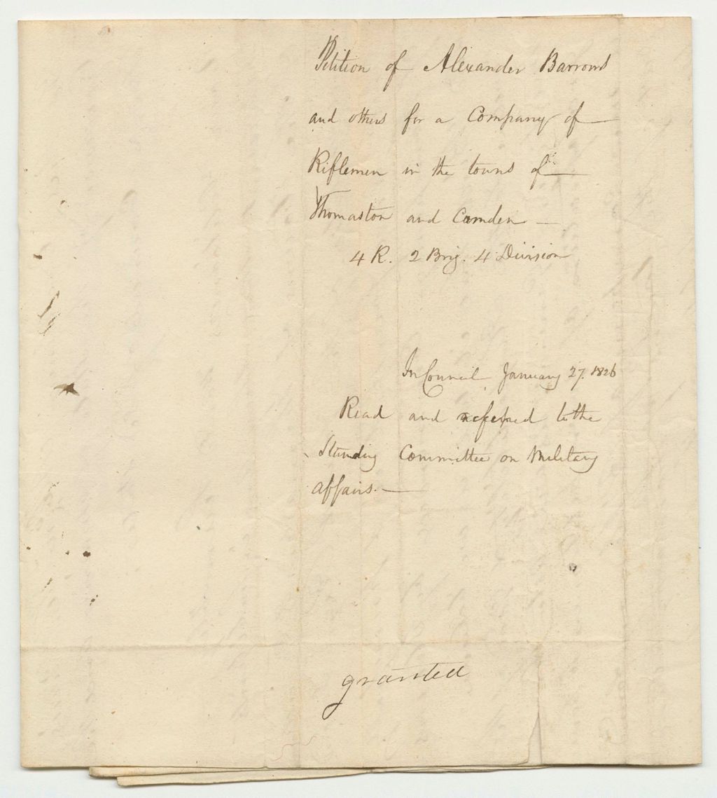 Miniature of Petition of Alexander Barrows and Others for a Company of Riflemen in the Towns of Thomaston and Camden