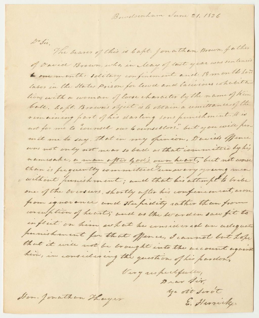 Miniature of Letter from Ebenezer Herrick to Hon. Jonathon Thayer Regarding the Pardon of David Brown