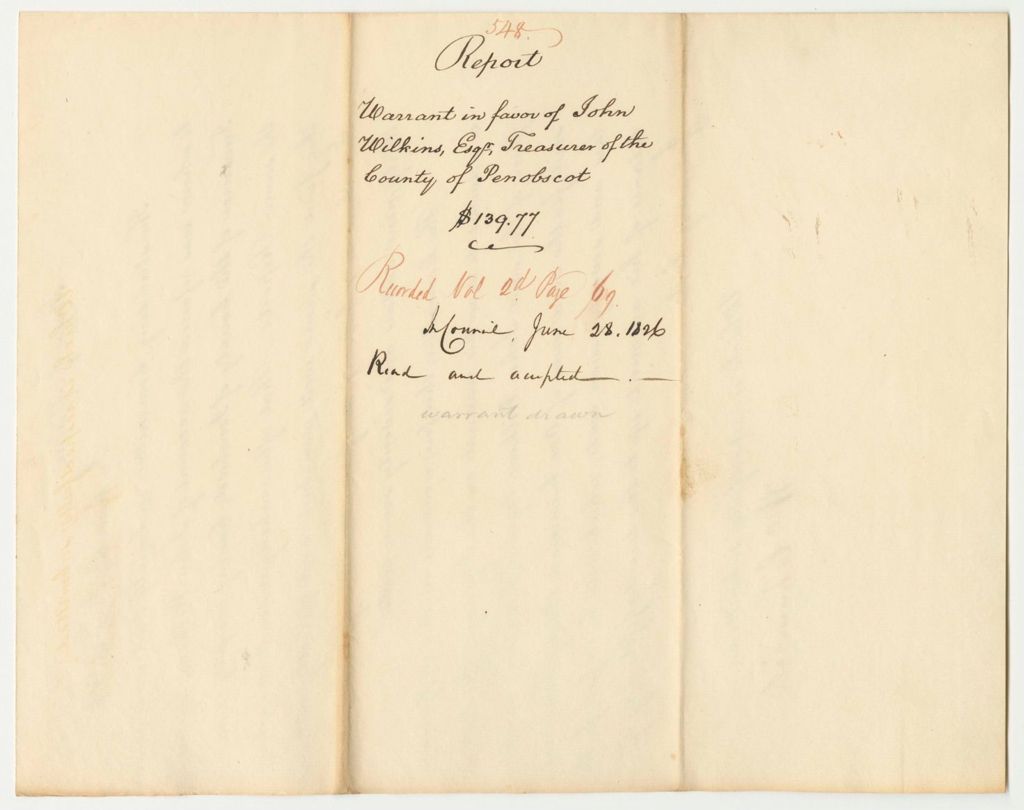 Miniature of Report 548: Report on the Warrant in Favor of John Wilkins, Esq., Treasurer of the County of Penobscot