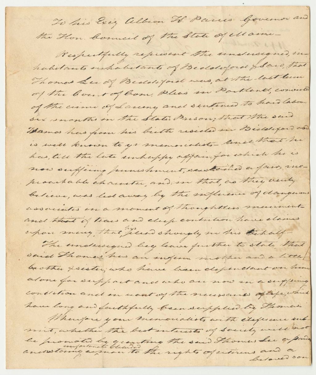 Miniature of Petition of Moses Bradbury and Others for the Pardon of Thomas Lee