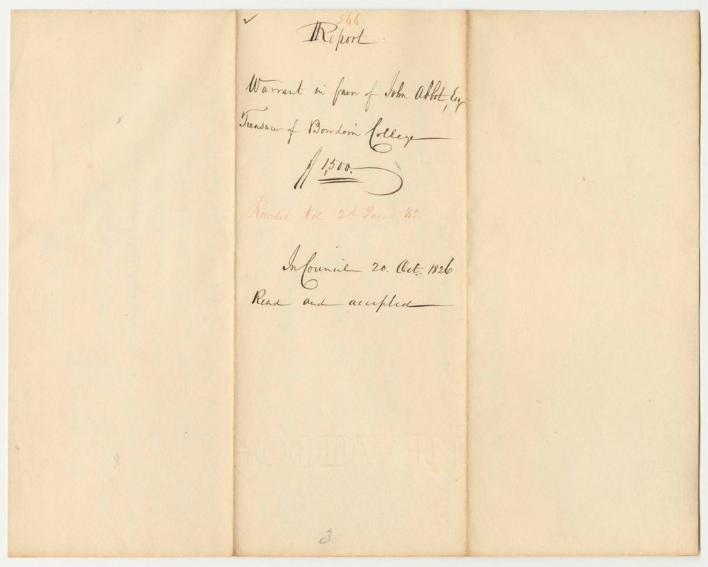Miniature of Report 566: Report on the Warrant in Favor of John Abbot, Esq., Treasurer of Bowdoin College