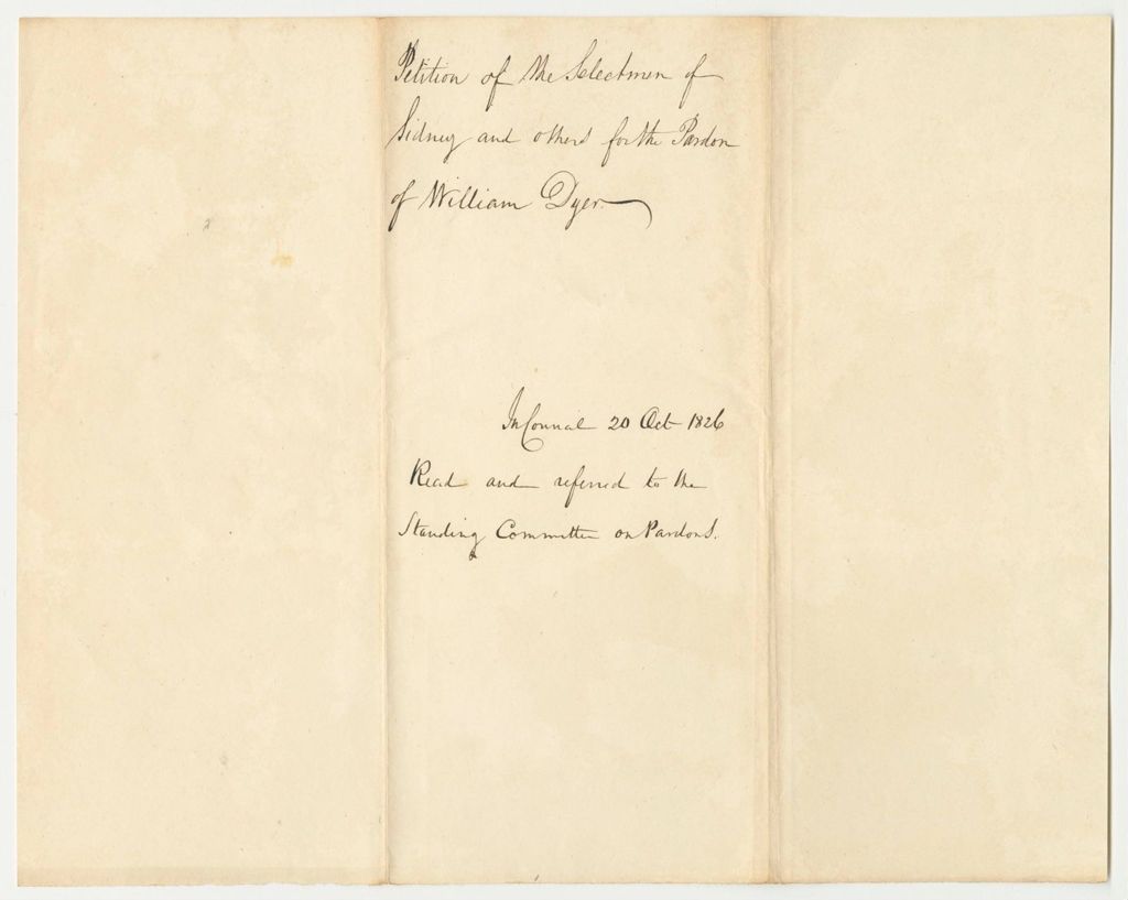 Miniature of Petition of the Selectmen of Sidney and Others for the Pardon of William Dyer