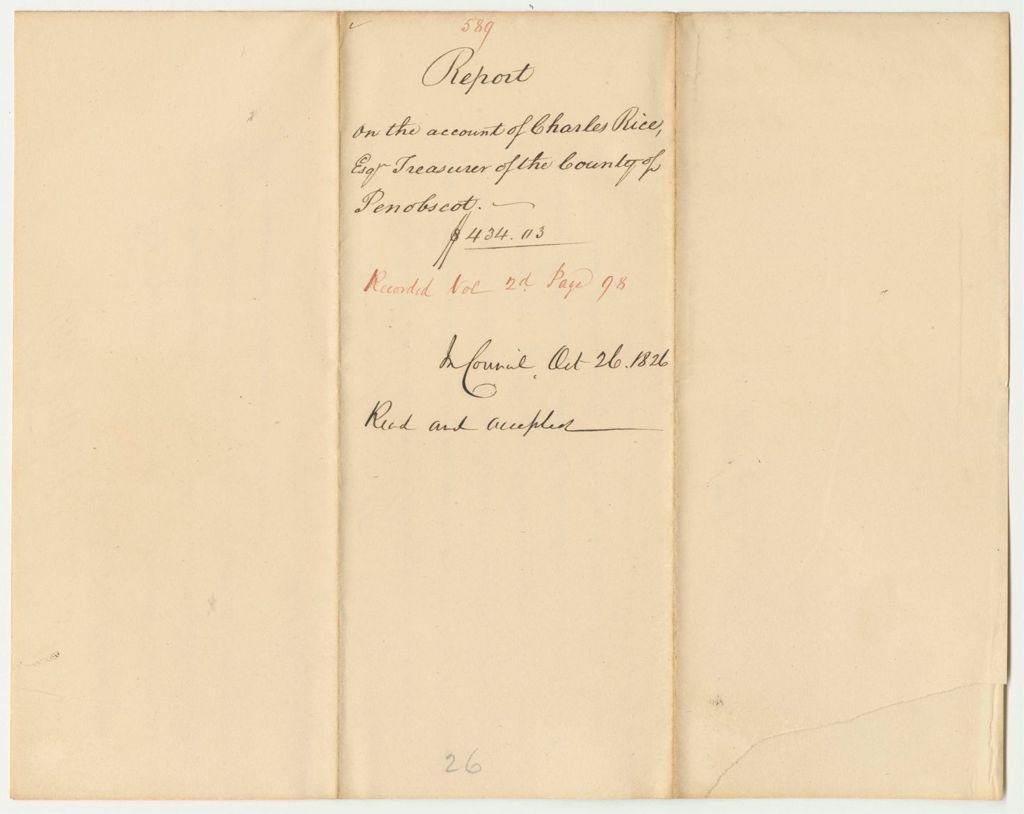 Miniature of Report 589: Report on the Account of Charles Rice, Esq., Treasurer of Penobscot County