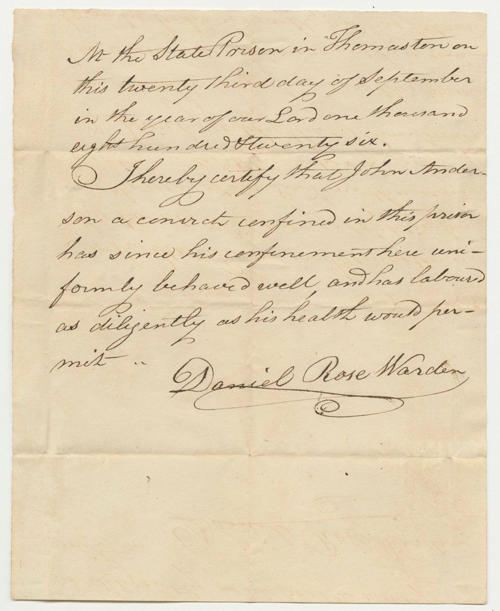 Miniature of Warden Daniel Rose Certification of the Conduct of John Anderson in Prison