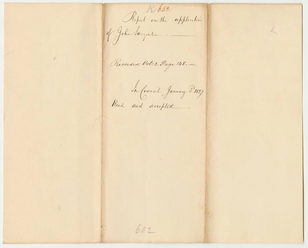 Miniature of Report 652: Report on the Application of John Sargent to be Paid a Part of the Proceeds of the Lottery Granted Him for Building the Sullivan Ferry Bridge