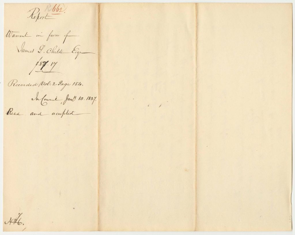 Miniature of Report 662: Report on the Warrant in Favor of James L. Child, Esq., Secretary of the Board of Commissioners