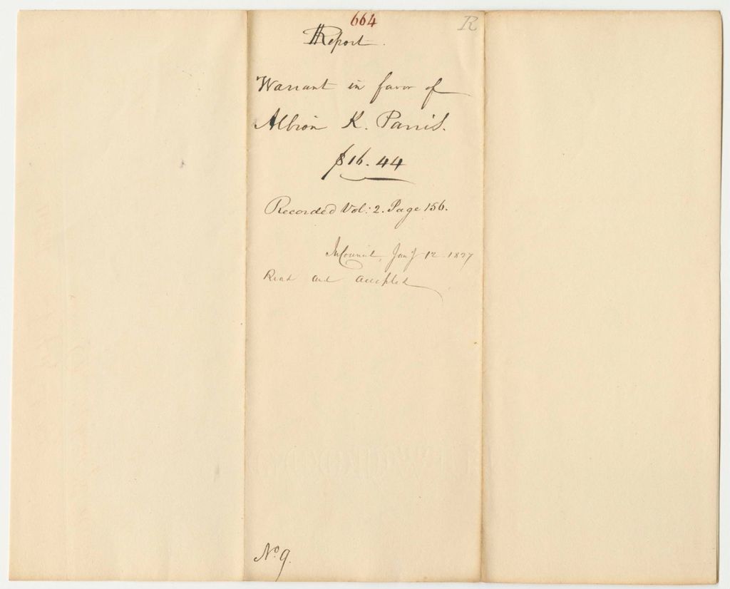 Miniature of Report 664: Report on the Warrant in Favor of Albion K. Parris, Salary for Duties as Governor