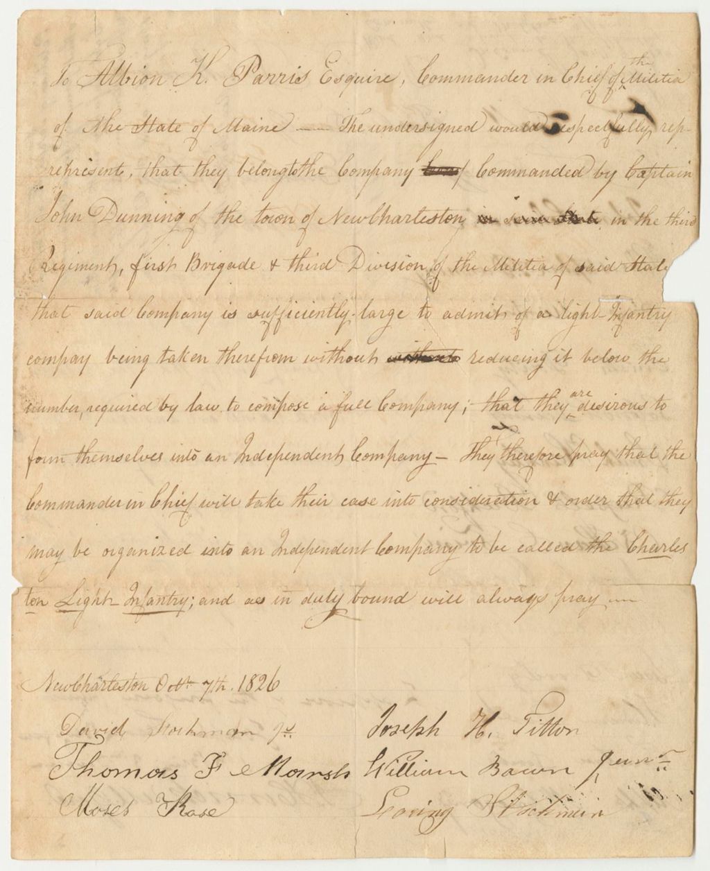 Miniature of Petition of Joseph H. Tilton and Others for a Company of Light Infantry in New Charleston