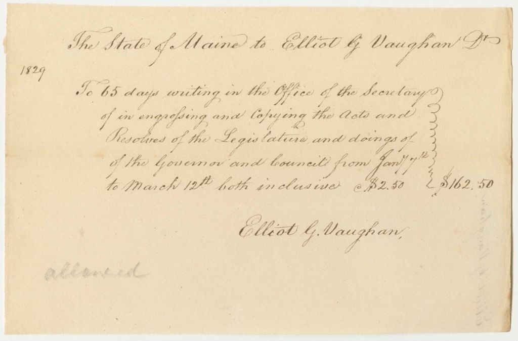 Miniature of Account of Elliot G. Vaughan, for Services as Engrossing Clerk in the Office of the Secretary of State