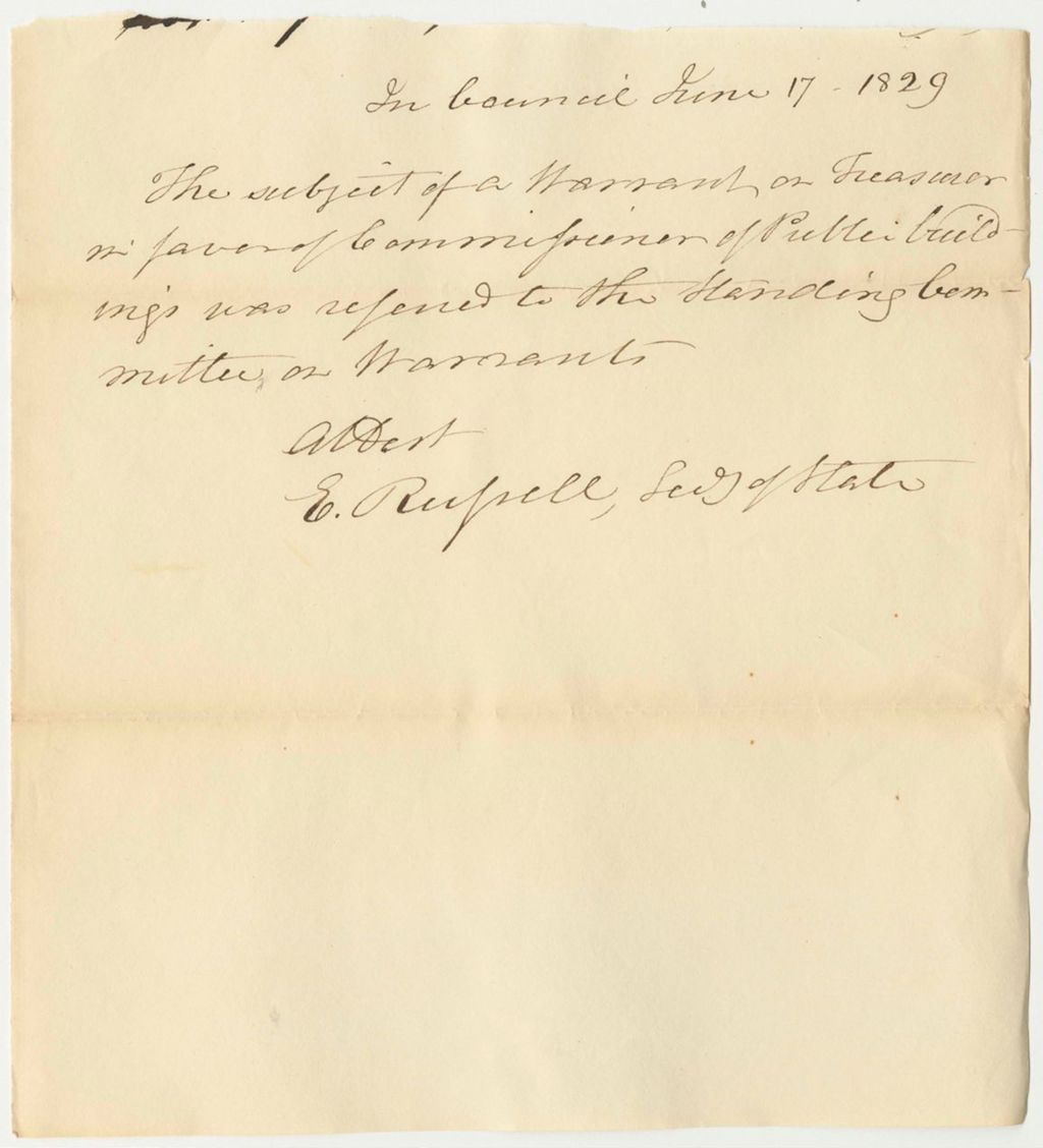 Miniature of Report 122: Report on the Warrant in Favor of William King, Esq., Commissioner of Public Buildings