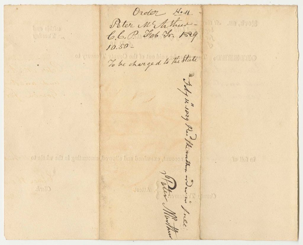 Miniature of Order that Peter McArthur Be Paid Out of the County Treasury for Pursuing and Arresting and Prosecuting to Conviction Samuel Gowler for Larceny