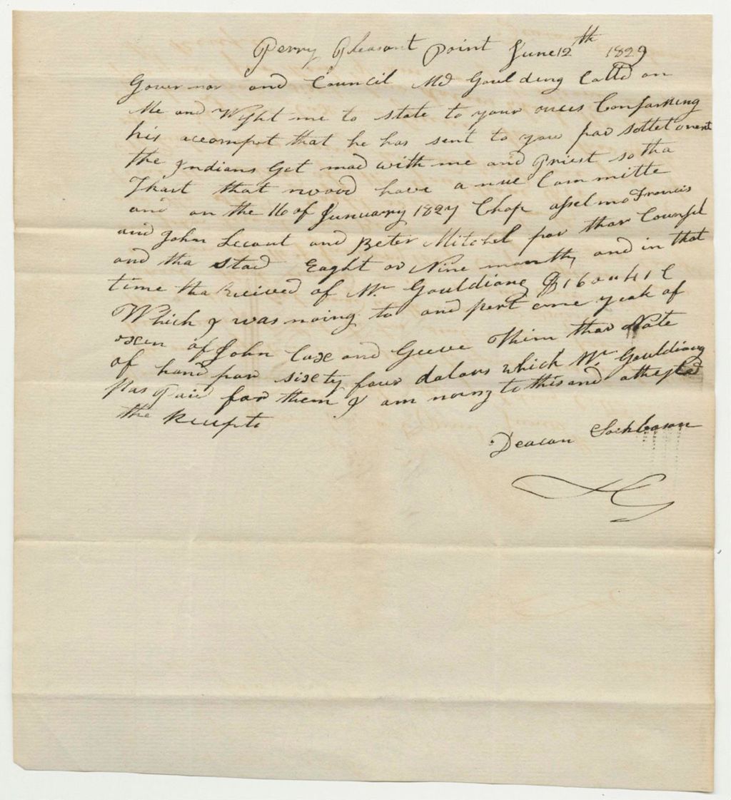 Miniature of Letter from Deacon Sockbason to the Governor and Council, in Relation to the Account of Peter Goulding, Agent for the Passamaquoddy Tribe of Indians