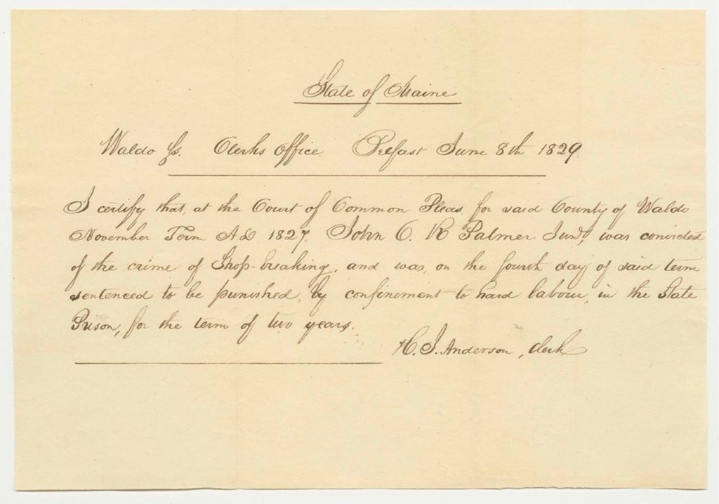 Miniature of Conviction and Sentence of C.R. Palmer