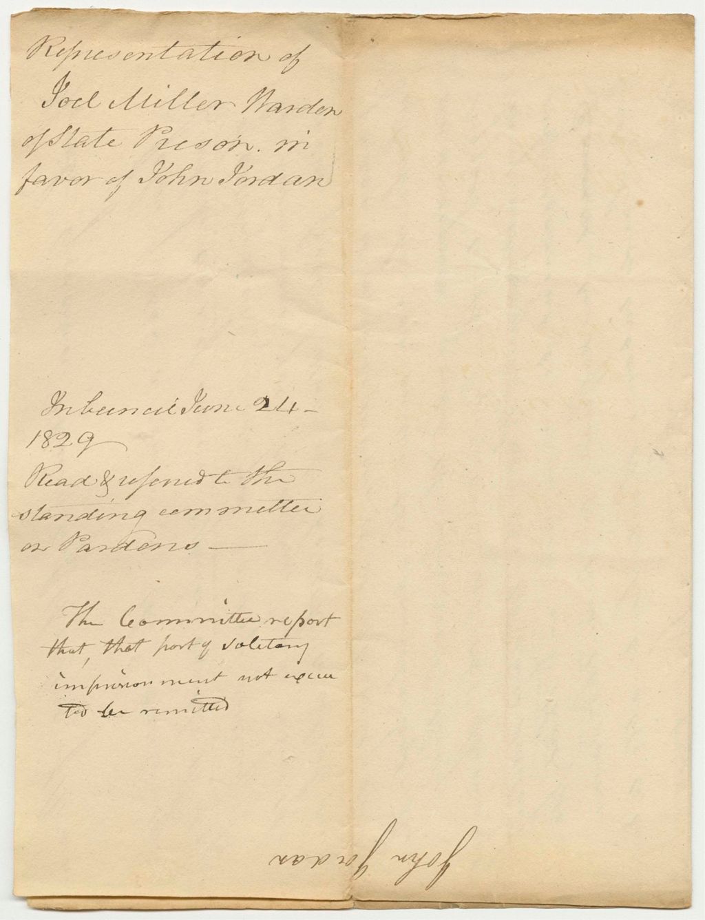 Miniature of Representation of Joel Miller, Warden of the State Prison, in Favor of John Jordan