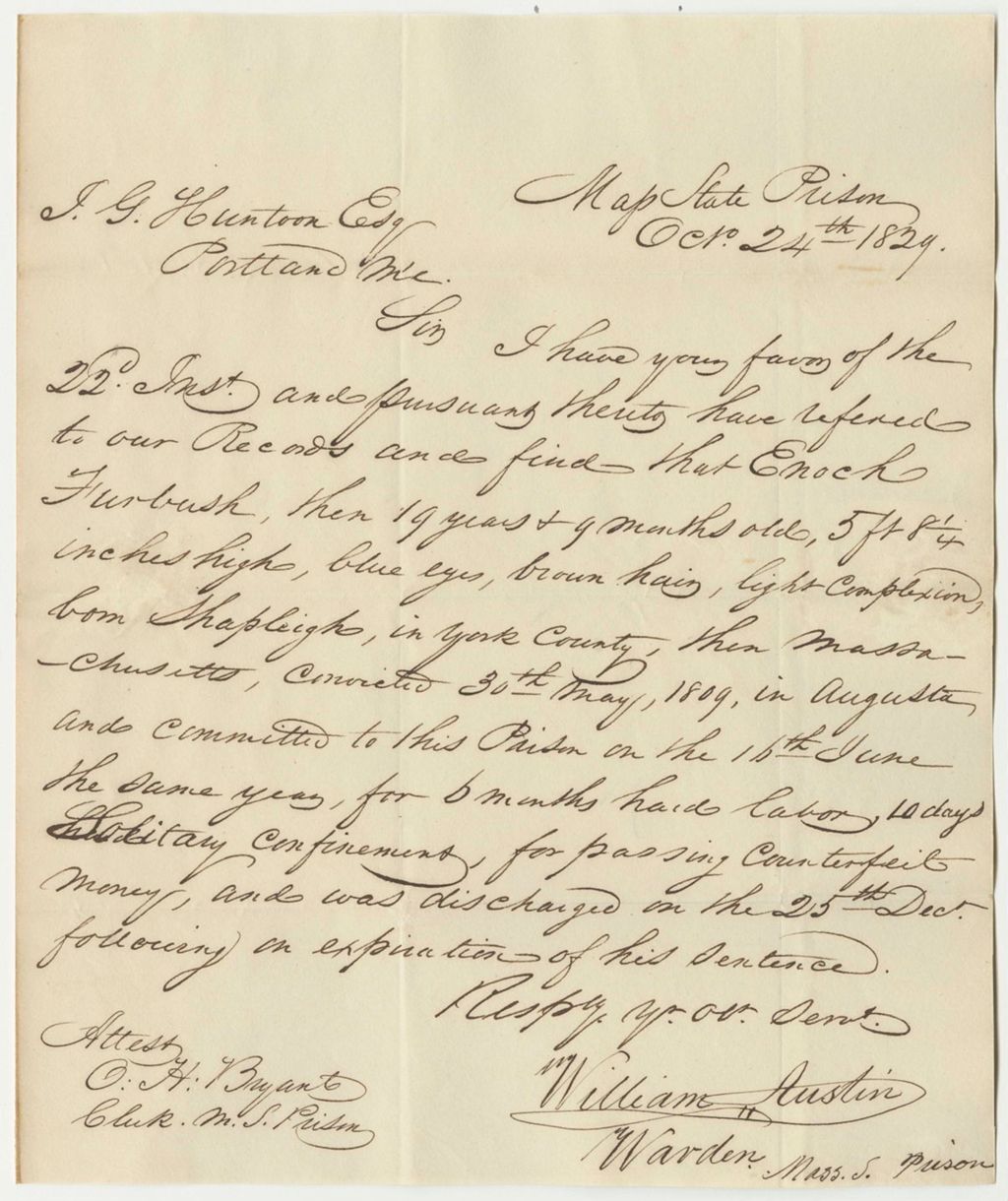 Miniature of Letter from William Justin, Warden of the Massachusetts Prison, in Relation to Enoch Furbush