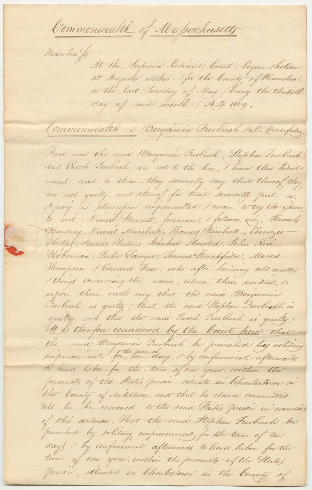Miniature of State of Maine v. Benjamin, Stephen, and Enoch Furbush, Copy of Record