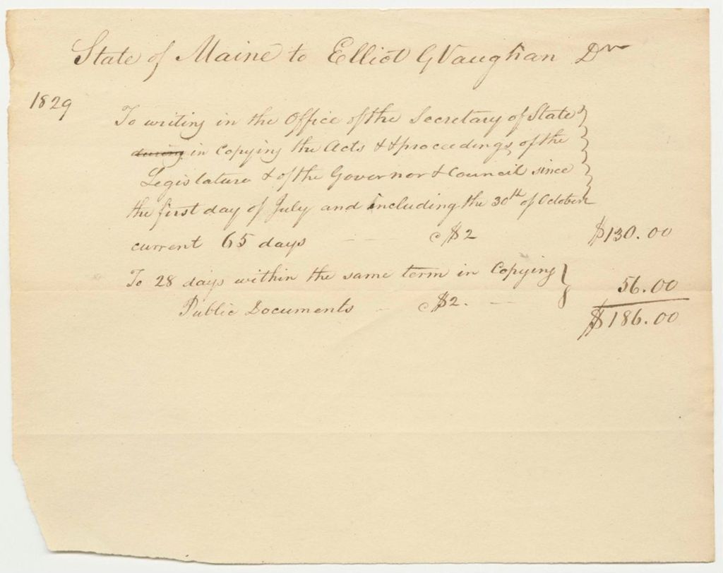 Miniature of Account of Elliot G. Vaughan, for Work as Clerk in the Secretaty of State's Office