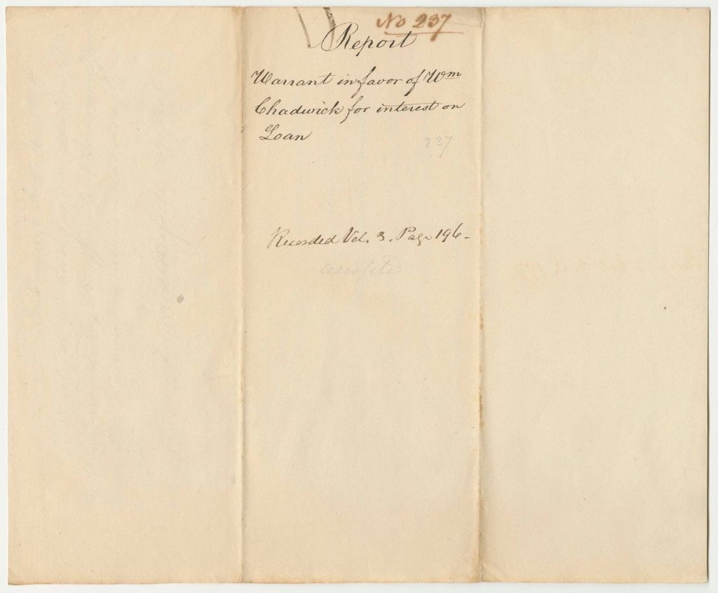 Miniature of Report 237: Report on the Warrant in Favor of William Chadwick for Interest on Loan