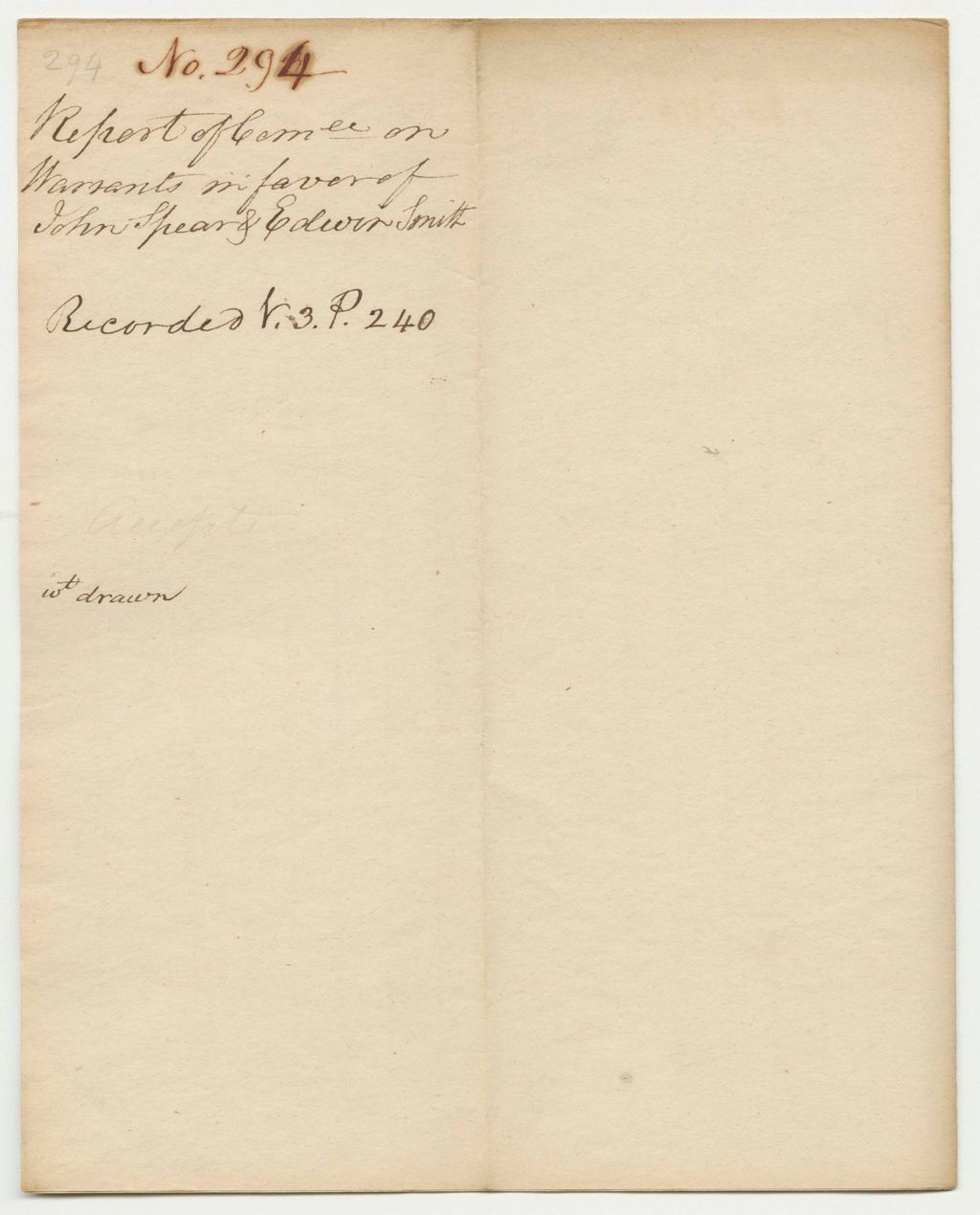 Miniature of Report 294: Report on the Warrants in Favor of John Spear and Edwin Smith, Inspectors of the State Prison