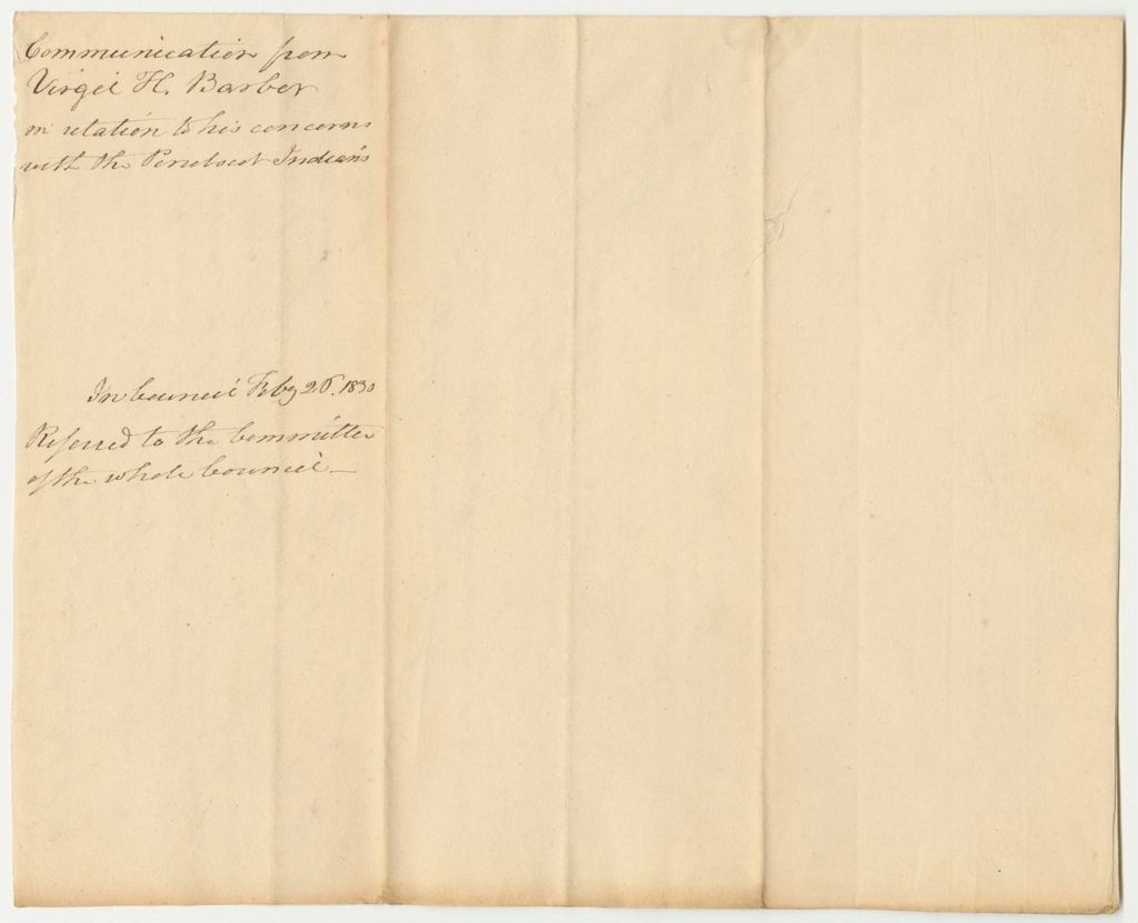 Miniature of Communication of Virgil H. Barber, in Relation to His Concerns with the Penobscot Tribe