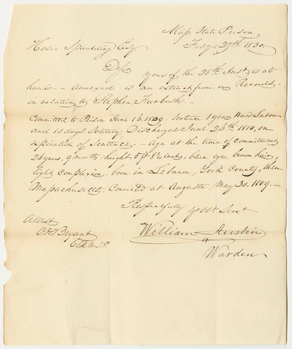 Miniature of Record of Stephen Furbush from the Massachusetts State Prison