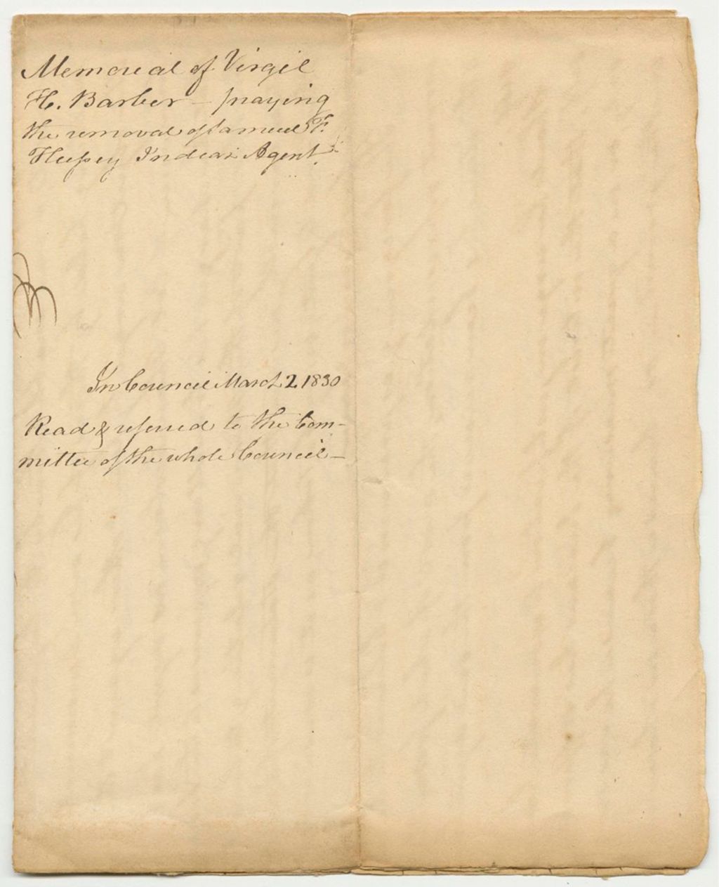 Miniature of Memorial of Virgil H. Barber for the Removal of Samuel F. Hussey, Penobscot Indian Agent