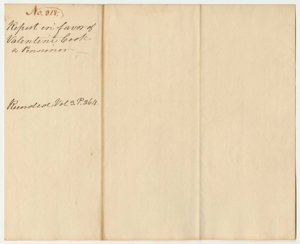 Miniature of Report 318: Report on the Warrant in Favor of Valentine Cook for a Pension