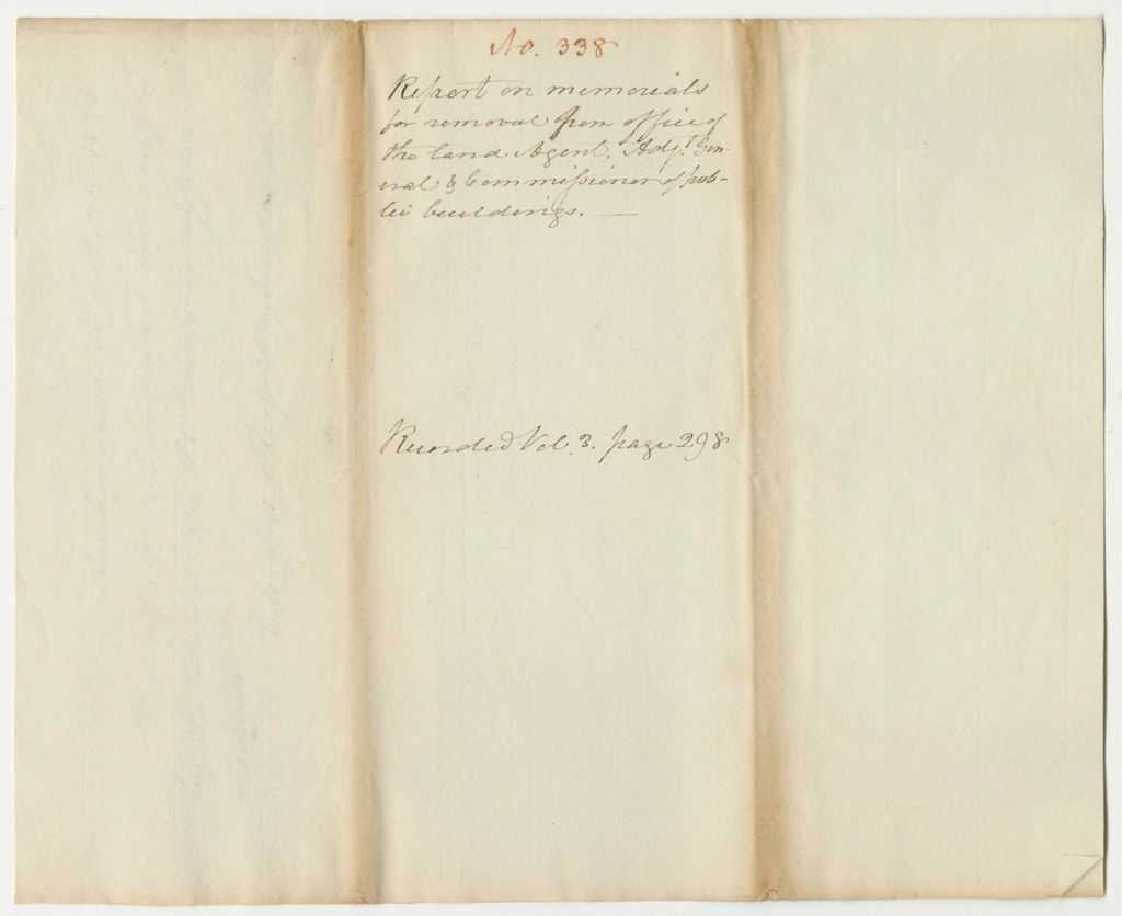 Miniature of Report 338: Report on the Memorials for Removal from Office of the Land Agent, Adjutant General and Commissioner of Public Buildings