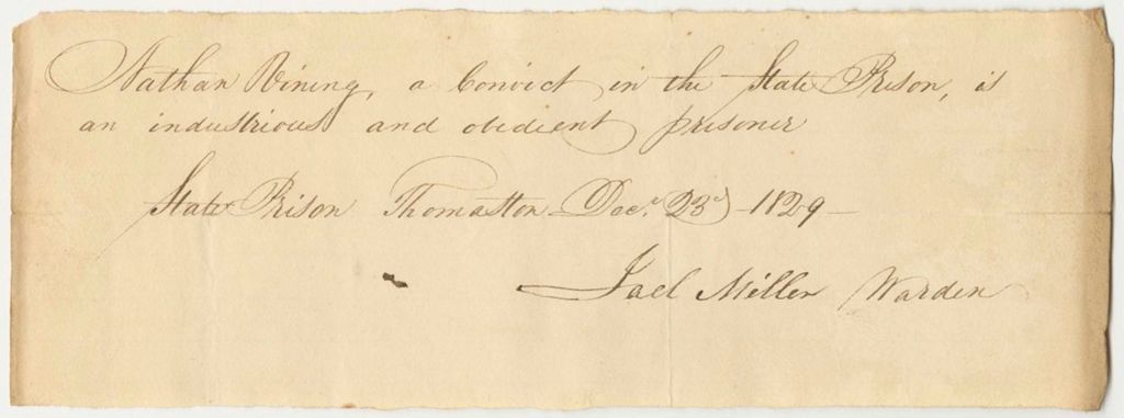 Miniature of Certificate of Joel Miller, Warden of the State Prison, on the Conduct of Nathan Vining in Prison