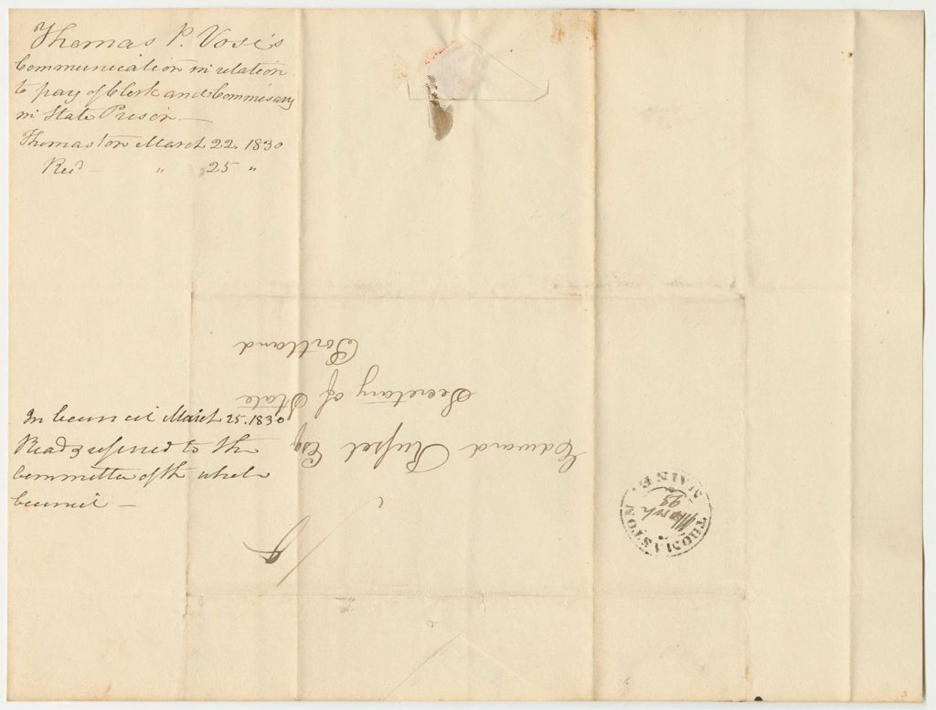 Miniature of Communication from Thomas P. Vose in Relation to the Pay of Clerk and Commissary in the State Prison
