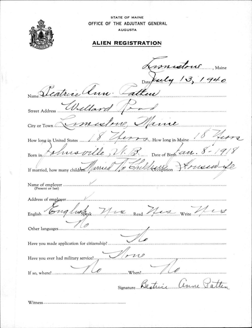 Miniature of Alien Registration- Patten, Beatrice A. (Limestone, Aroostook County)